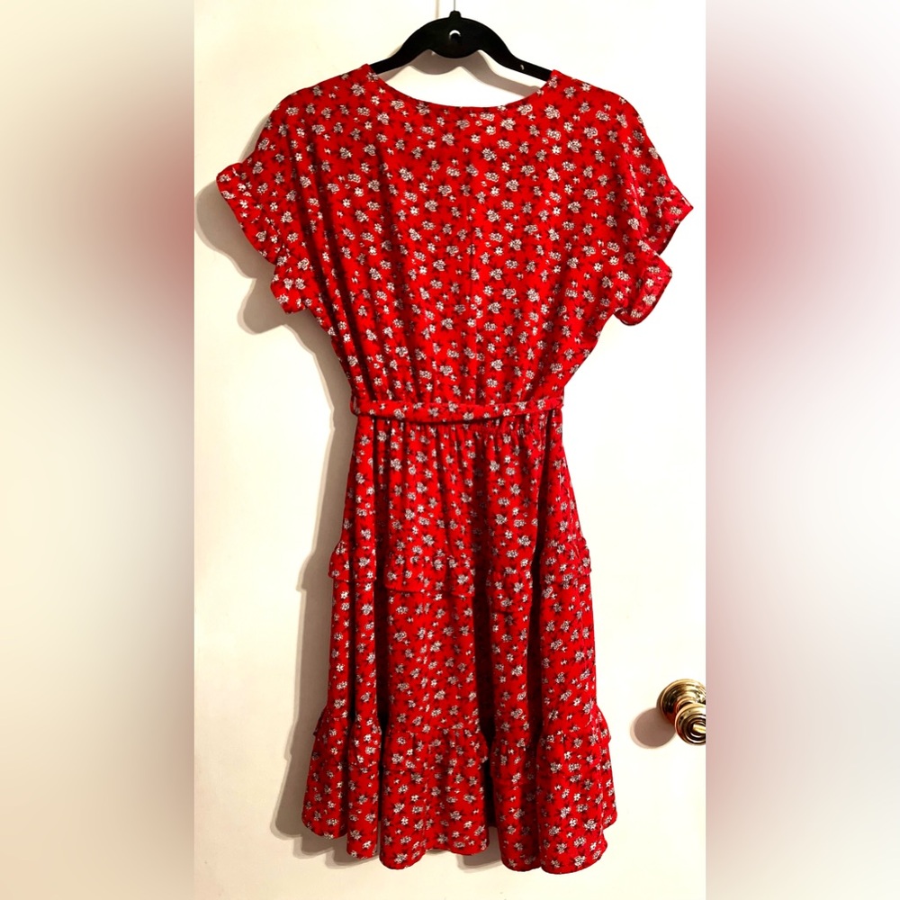 Monteau Red Floral Wrap-Style Dress with White Print - Picture 3 of 6